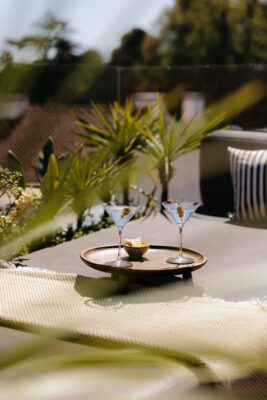 A tray with two martini glasses and a small bowl of lemon wedges sits on an outdoor table, surrounded by green plants and sunlight, with a striped cushion in the background.