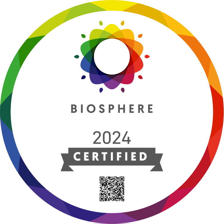 A circular badge with a rainbow-colored border, the word “BIOSPHERE” and a colorful logo at the top, “2024 CERTIFIED” on a gray ribbon, and a QR code at the bottom.