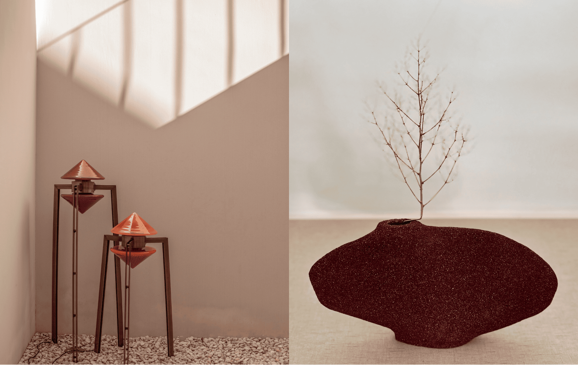 Left: Three tall stands with red cone lamps on white pebbles near a sunlit wall. Right: A brown, wide vase holds a delicate bare branch against a neutral background.